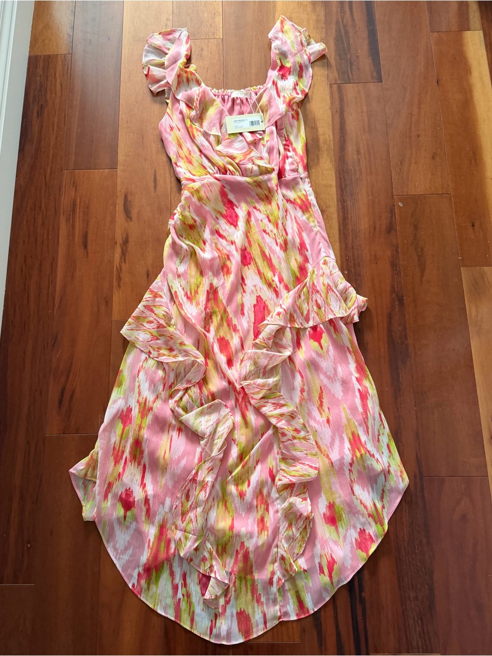 Ramy Brook Pink and Yellow Watercolor Ruffle Dress